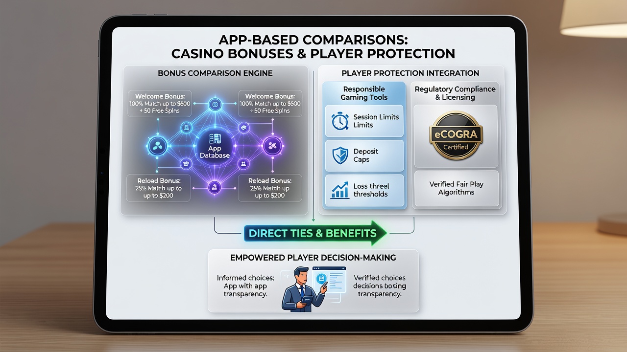 Dashboard view showing casino bonus comparison alongside active deposit limit and self-exclusion controls