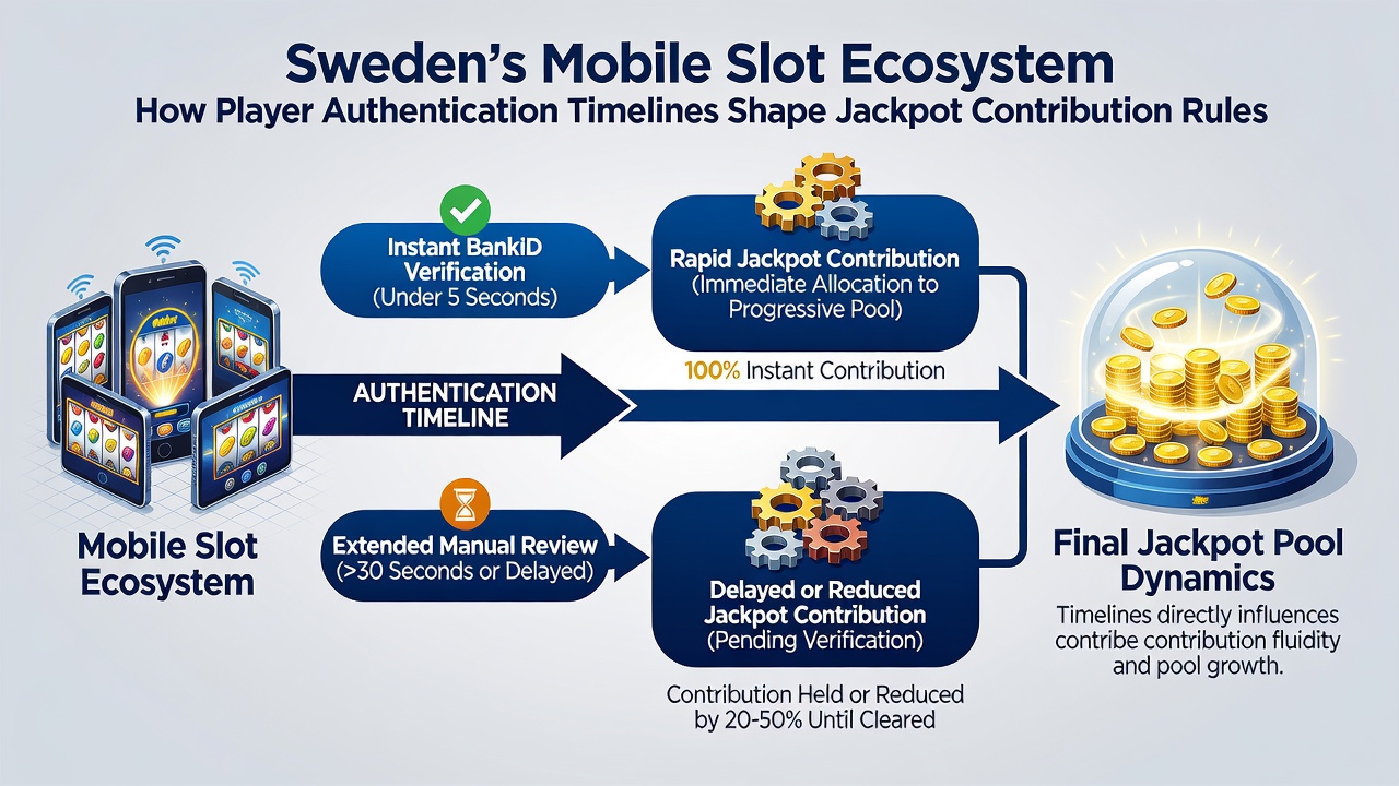 Timeline graphic illustrating authentication steps, jackpot contribution start, and bonus eligibility periods in Swedish mobile slots